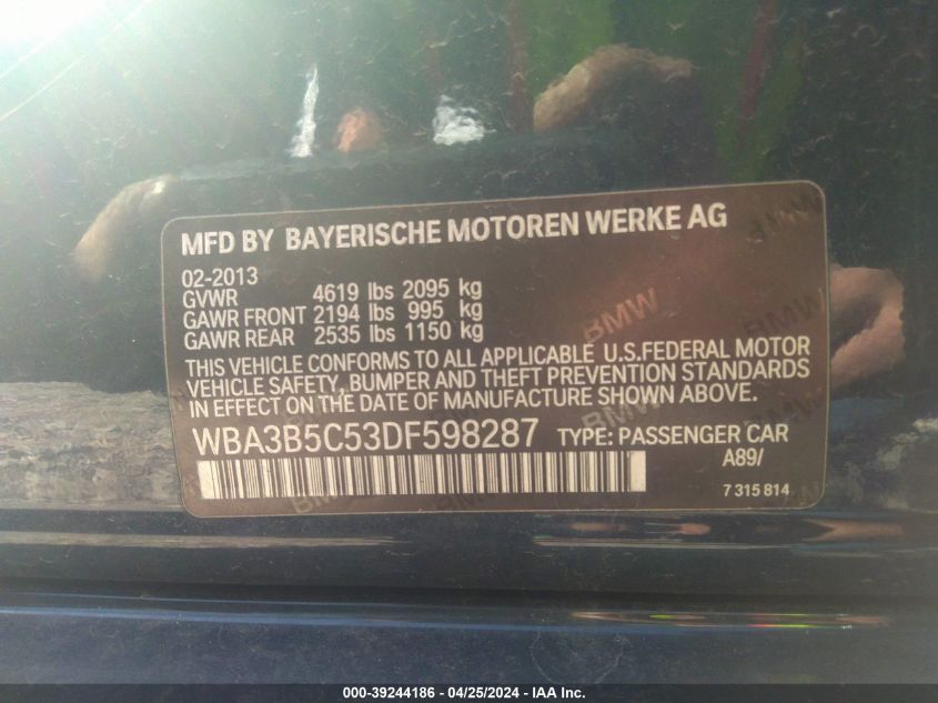 2013 BMW 328I xDrive VIN: WBA3B5C53DF598287 Lot: 39244186