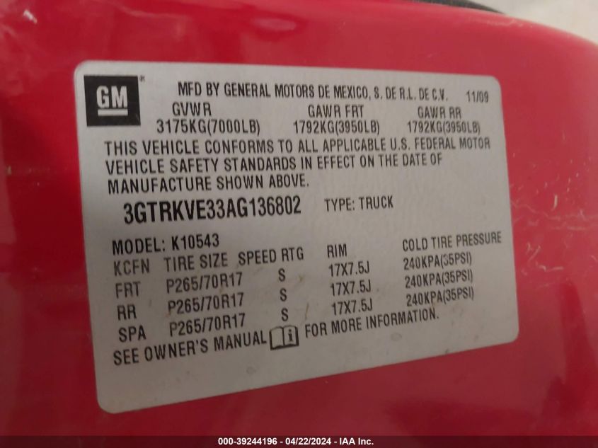 2010 GMC Sierra 1500 Sle VIN: 3GTRKVE33AG136802 Lot: 39244196