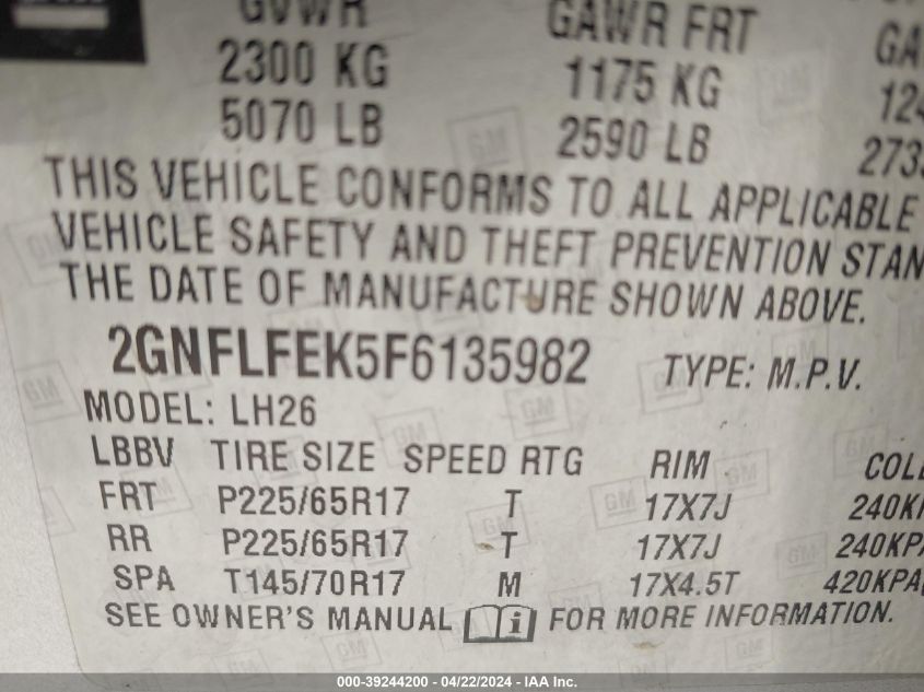 2015 Chevrolet Equinox 1Lt VIN: 2GNFLFEK5F6135982 Lot: 49765924