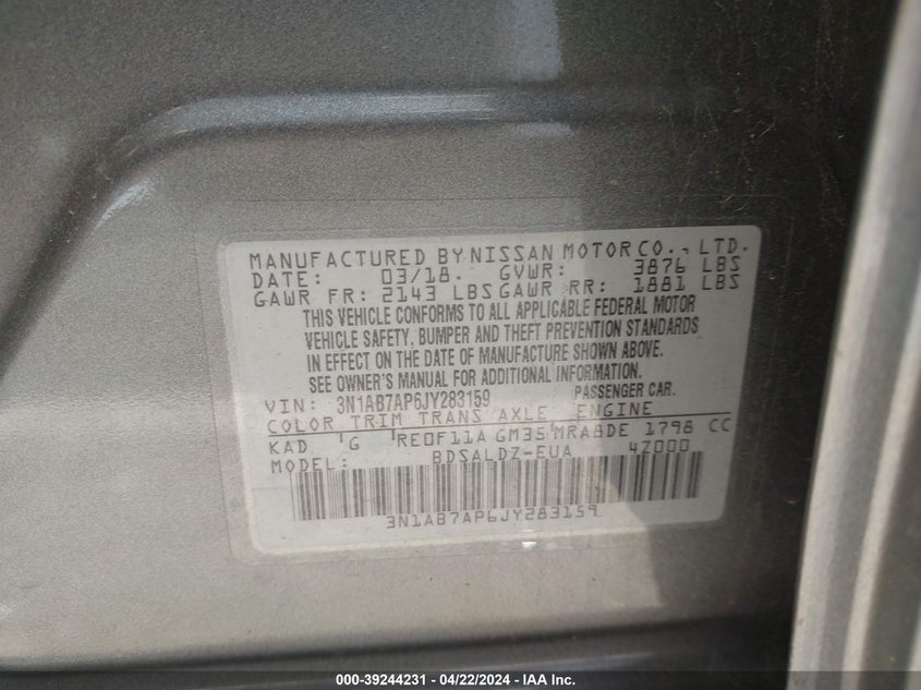VIN 3N1AB7AP6JY283159 2018 NISSAN SENTRA SV