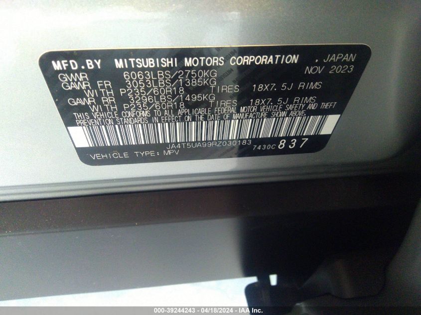 2024 Mitsubishi Outlander Phev Es S-Awc VIN: JA4T5UA99RZ030183 Lot: 39244243