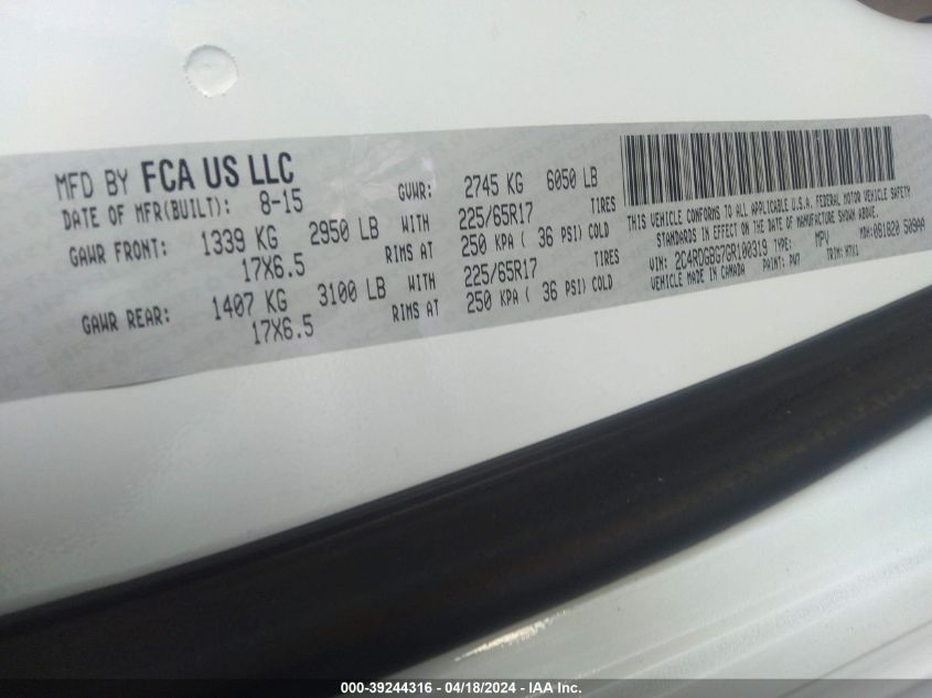 2016 Dodge Grand Caravan Se VIN: 2C4RDGBG7GR100319 Lot: 39244316