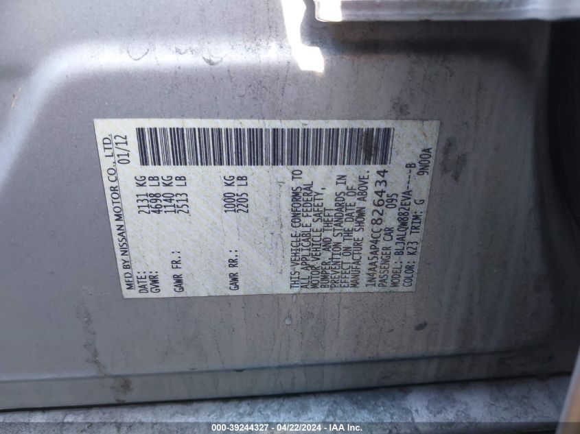 2012 Nissan Maxima 3.5 S VIN: 1N4AA5AP4CC826434 Lot: 39244327