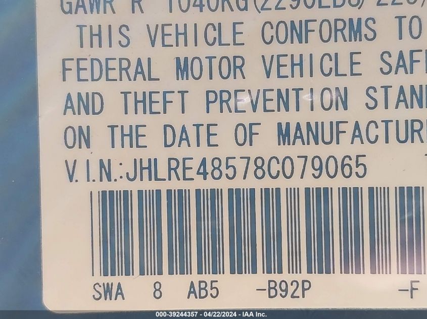 2008 Honda Cr-V Ex VIN: JHLRE48578C079065 Lot: 71873753