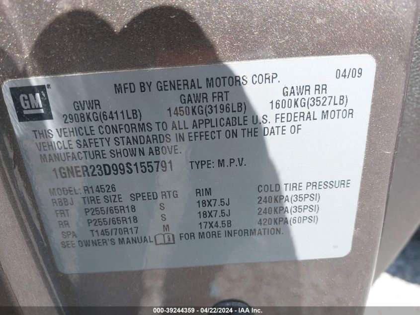2009 Chevrolet Traverse Lt VIN: 1GNER23D99S155791 Lot: 42821044