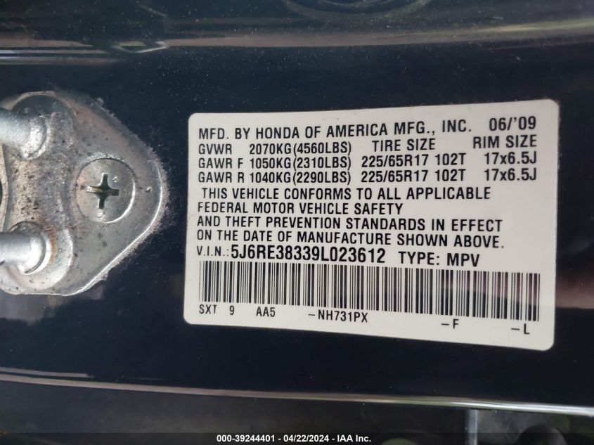 2009 Honda Cr-V Lx VIN: 5J6RE38339L023612 Lot: 39244401