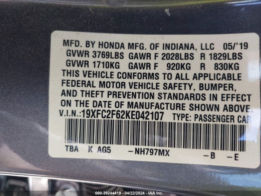 2019 Honda Civic Lx VIN: 19XFC2F62KE042107 Lot: 39244419