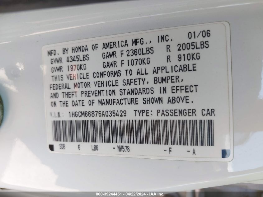 2006 Honda Accord 3.0 Ex VIN: 1HGCM66876A035429 Lot: 46879794