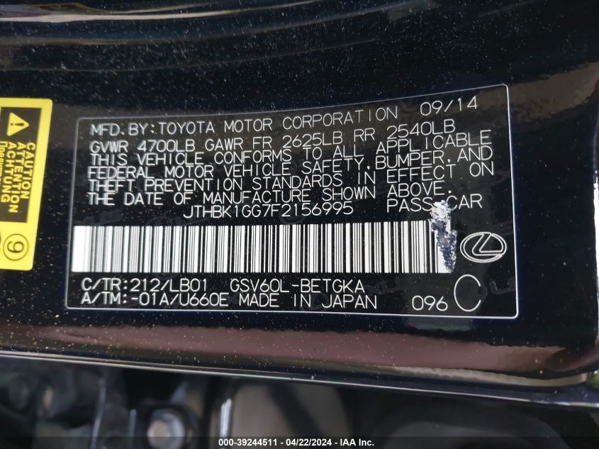 2015 LEXUS ES 350 - JTHBK1GG7F2156995