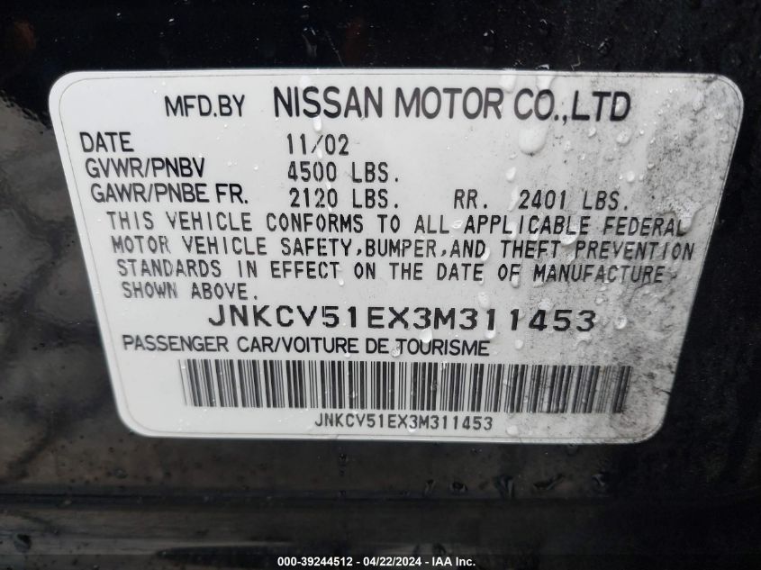 2003 Infiniti G35 Luxury Leather VIN: JNKCV51EX3M311453 Lot: 48783974