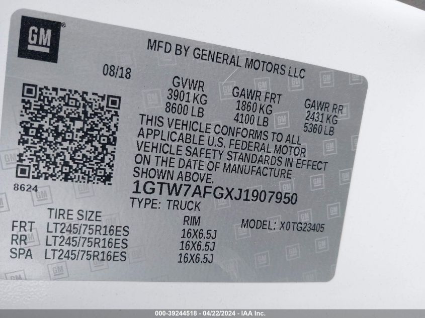 2018 GMC Savana 2500 Work Van VIN: 1GTW7AFGXJ1907950 Lot: 39244518