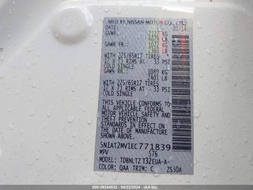 2014 Nissan Rogue Sv VIN: 5N1AT2MV1EC771839 Lot: 39244532