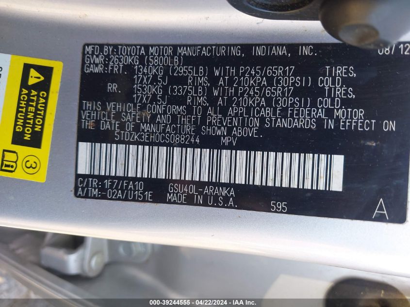 2012 Toyota Highlander Base V6 VIN: 5TDZK3EH0CS088244 Lot: 39244555