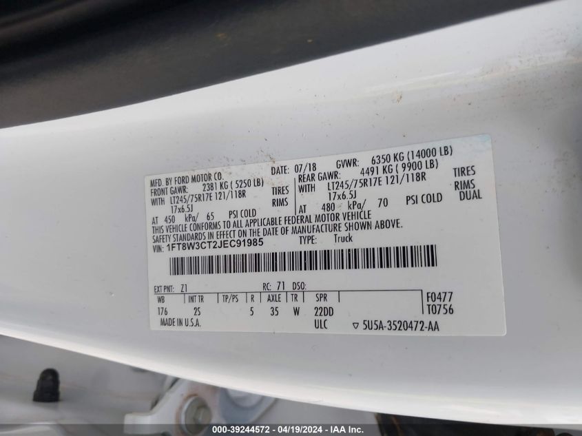 2018 Ford F-350 Xlt VIN: 1FT8W3CT2JEC91985 Lot: 39244572