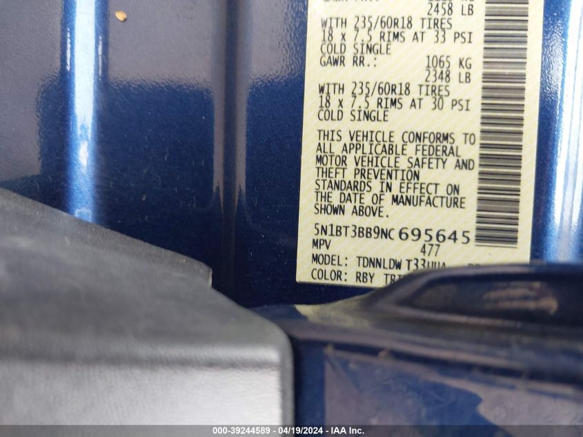 2022 Nissan Rogue Sv Intelligent Awd VIN: 5N1BT3BB9NC695645 Lot: 39244589