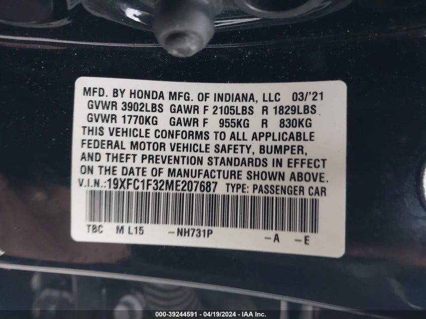 VIN 19XFC1F32ME207687 2021 HONDA CIVIC EX