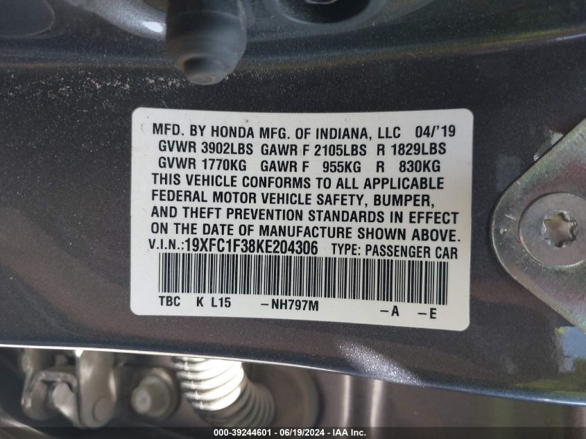 2019 Honda Civic Ex VIN: 19XFC1F38KE204306 Lot: 50654604
