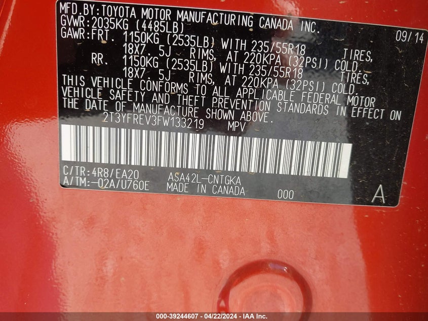 2015 TOYOTA RAV4 LIMITED - 2T3YFREV3FW133219