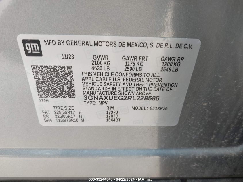 2024 Chevrolet Equinox Lt VIN: 3GNAXUEG2RL228585 Lot: 46374964