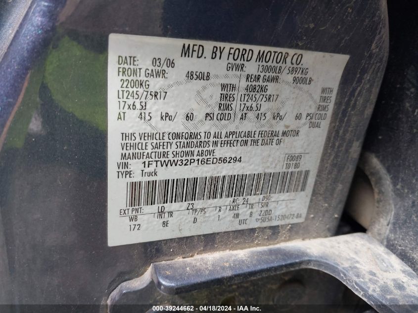 2006 Ford F-350 Lariat/Xl/Xlt VIN: 1FTWW32P16ED56294 Lot: 39244662