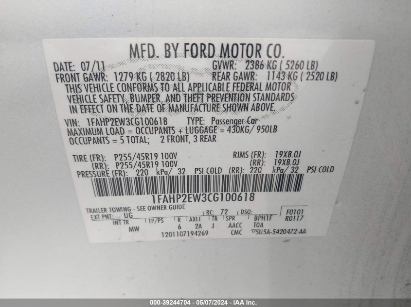 2012 Ford Taurus Sel VIN: 1FAHP2EW3CG100618 Lot: 39244704