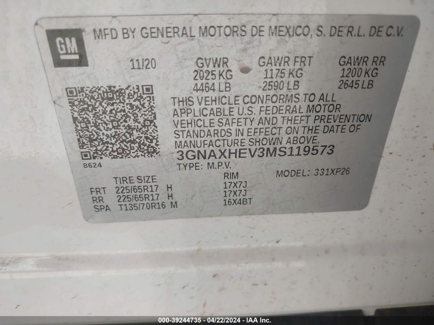 2021 Chevrolet Equinox Fwd Ls VIN: 3GNAXHEV3MS119573 Lot: 39244735