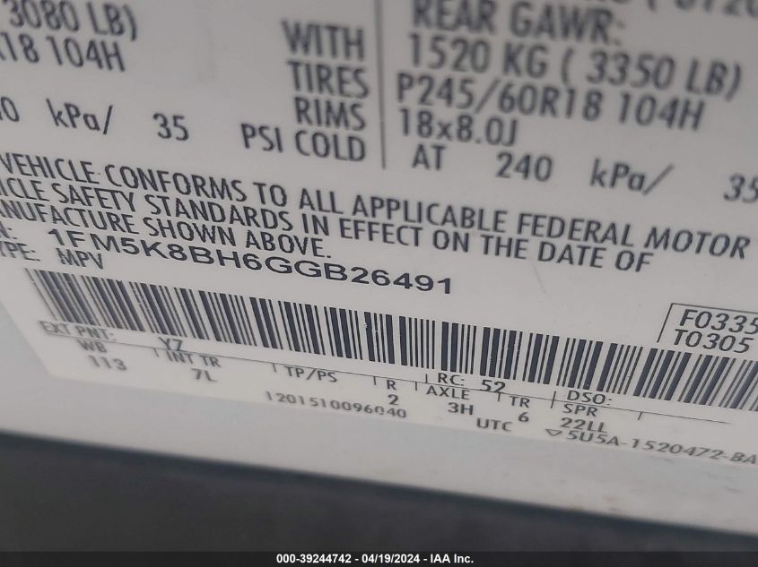 2016 Ford Explorer VIN: 1FM5K8BH6GGB26491 Lot: 39244742