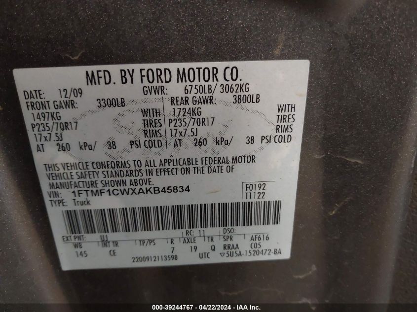 2010 Ford F-150 Stx/Xl/Xlt VIN: 1FTMF1CWXAKB45834 Lot: 39244767