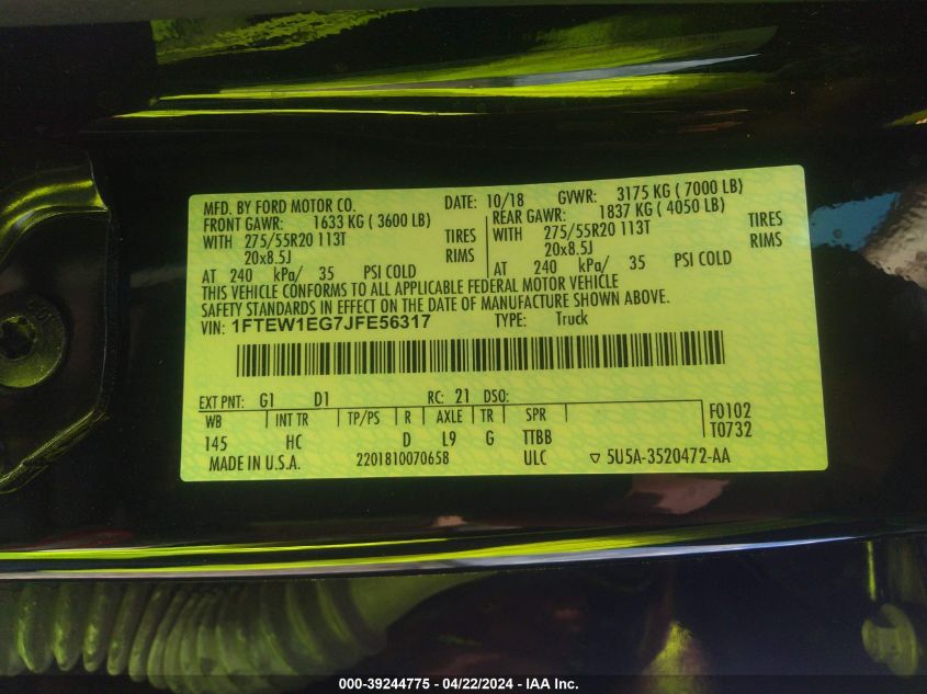 2018 Ford F-150 Lariat VIN: 1FTEW1EG7JFE56317 Lot: 49866564