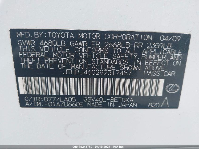 JTHBJ46G292317487 | 2009 LEXUS ES 350