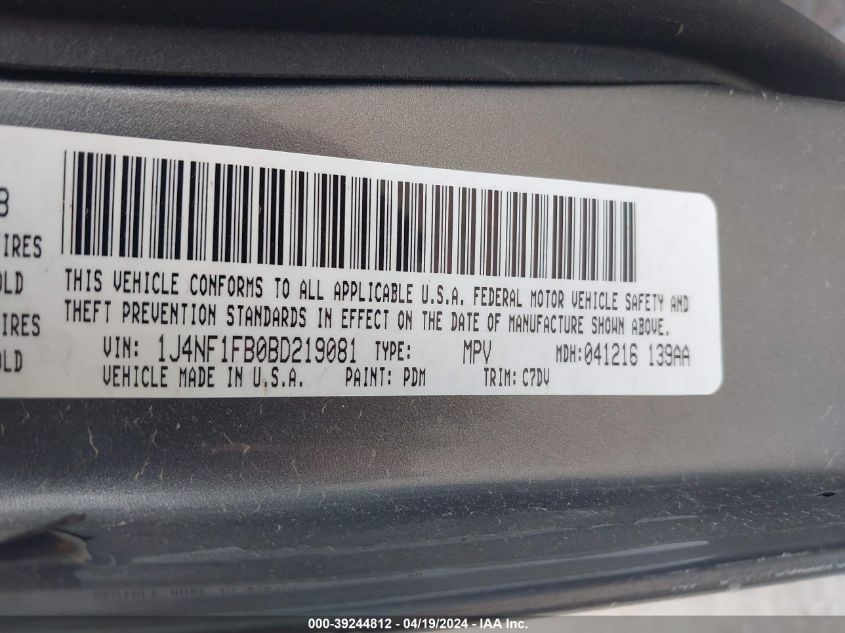 2011 Jeep Compass VIN: 1J4NF1FB0BD219081 Lot: 39244812