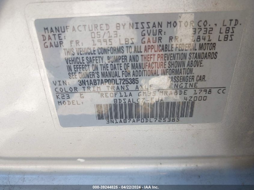 2013 Nissan Sentra S VIN: 3N1AB7AP0DL725385 Lot: 39244825