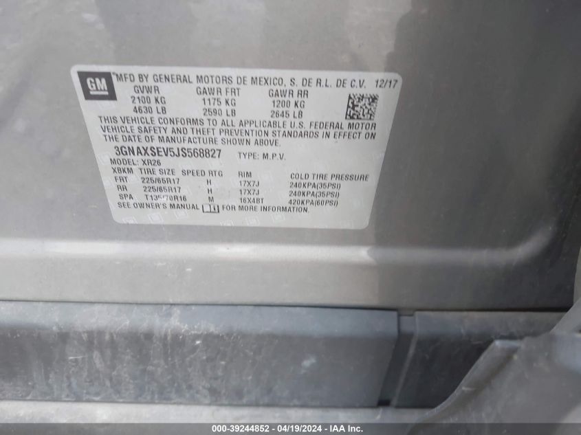 2018 Chevrolet Equinox Lt VIN: 3GNAXSEV5JS568827 Lot: 39244852