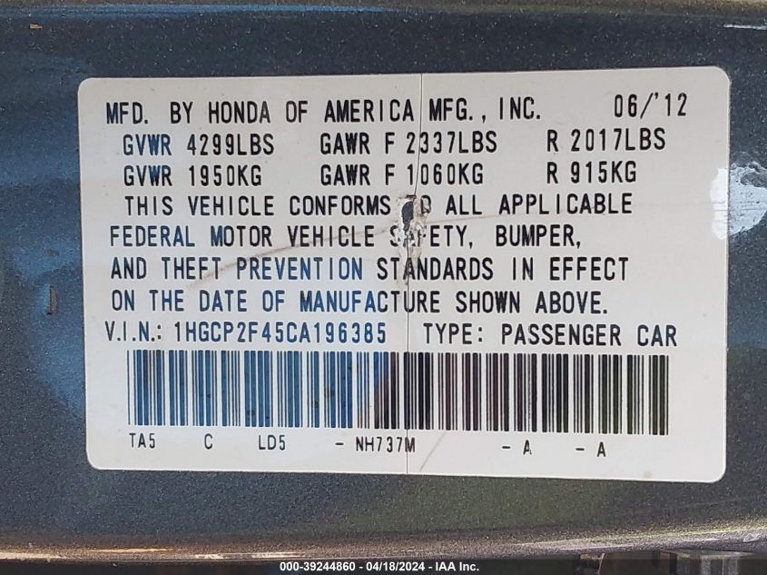 1HGCP2F45CA196385 | 2012 HONDA ACCORD