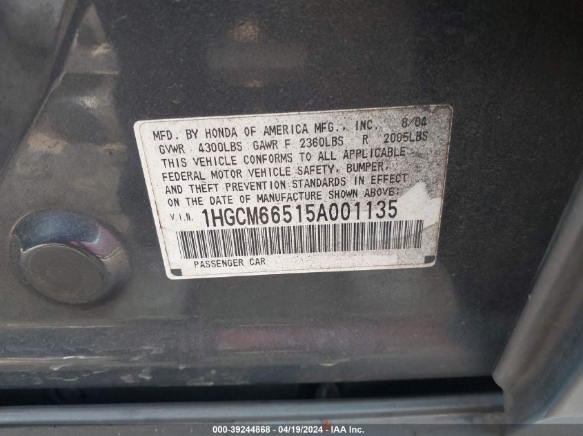 2005 Honda Accord 3.0 Ex VIN: 1HGCM66515A001135 Lot: 39244868