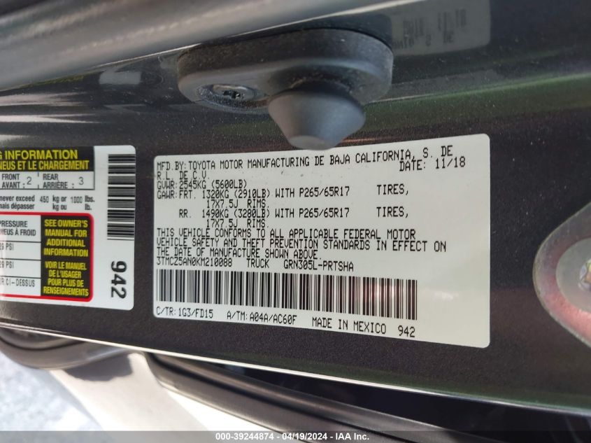 2019 Toyota Tacoma Trd Sport VIN: 3TMCZ5AN0KM210088 Lot: 39244874