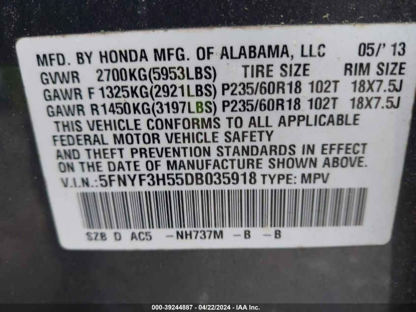 2013 Honda Pilot Ex-L VIN: 5FNYF3H55DB035918 Lot: 50140344