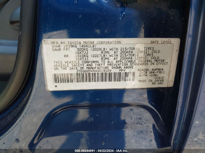 2004 Toyota Rav4 VIN: JTEGD20V840019309 Lot: 50738294