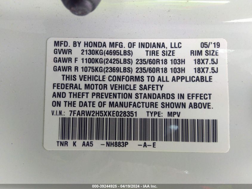 2019 Honda Cr-V Ex VIN: 7FARW2H5XKE028351 Lot: 39244925