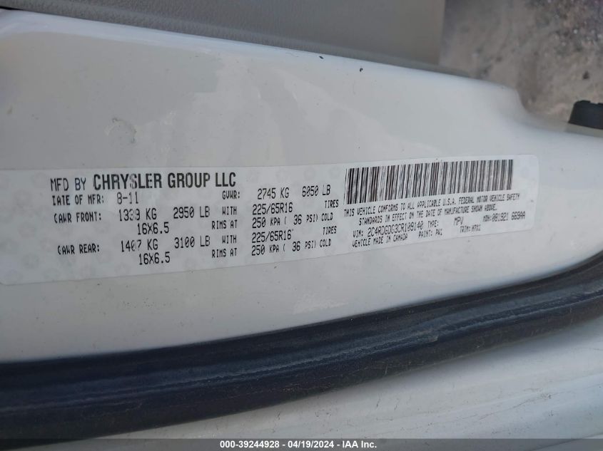 2012 Dodge Grand Caravan Crew VIN: 2C4RDGDG3CR109140 Lot: 39244928