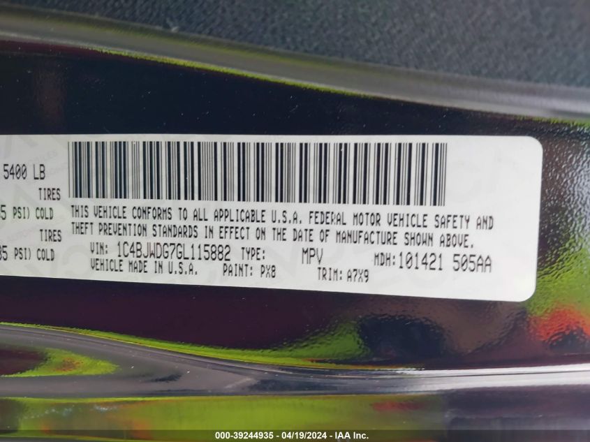 2016 Jeep Wrangler Unlimited Sport VIN: 1C4BJWDG7GL115882 Lot: 39244935