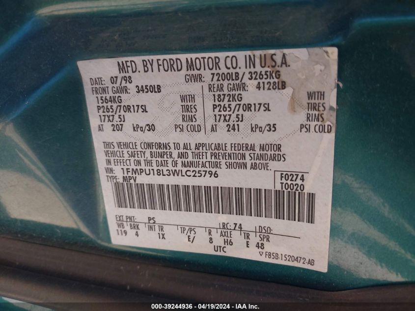 1998 Ford Expedition Eddie Bauer/Xlt VIN: 1FMPU18L3WLC25796 Lot: 39244936