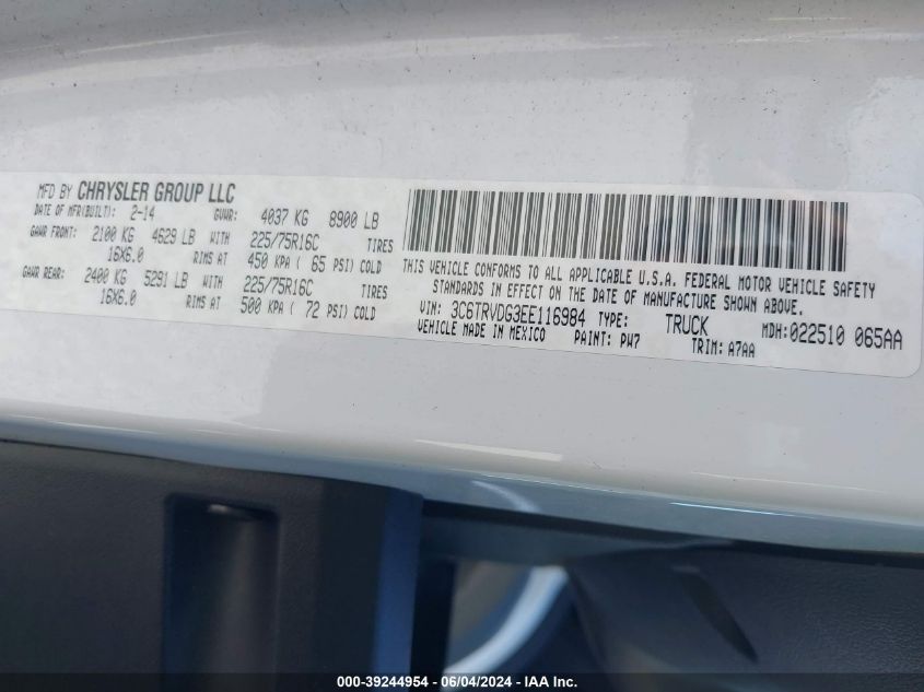 2014 Ram Promaster 2500 High Roof VIN: 3C6TRVDG3EE116984 Lot: 39244954