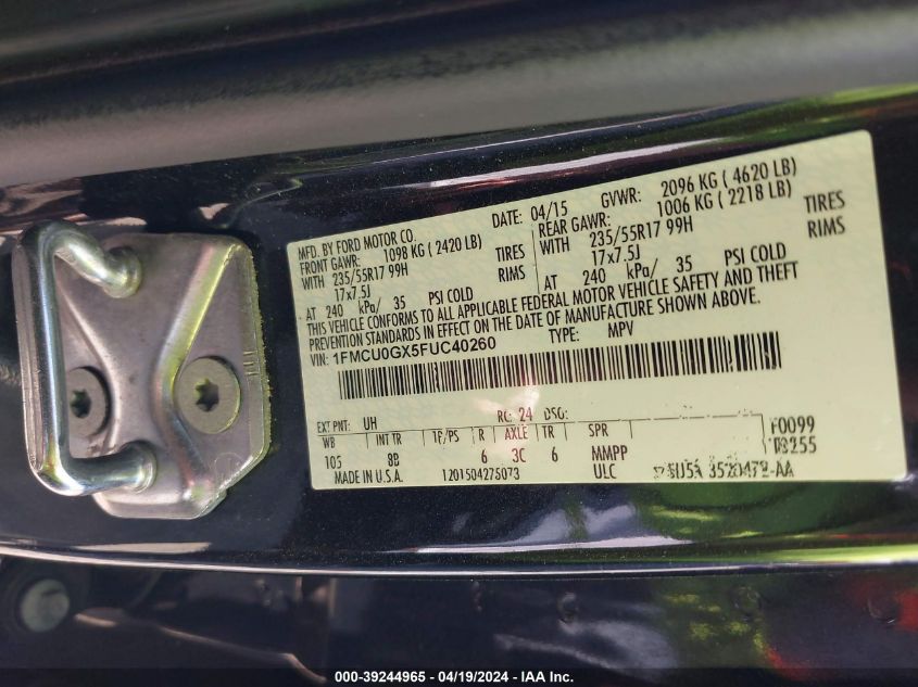 2015 Ford Escape Se VIN: 1FMCU0GX5FUC40260 Lot: 39244965