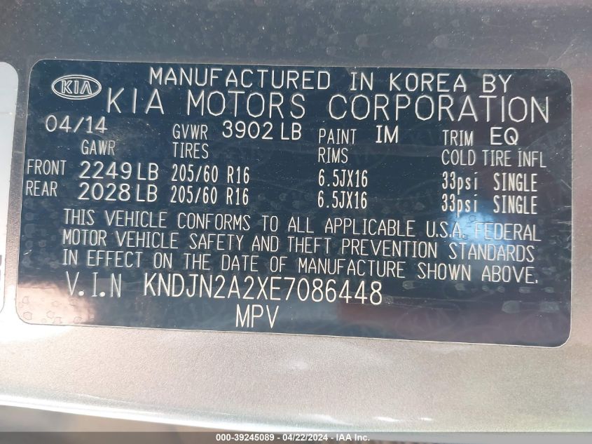 2014 Kia Soul VIN: KNDJN2A2XE7086448 Lot: 39245089