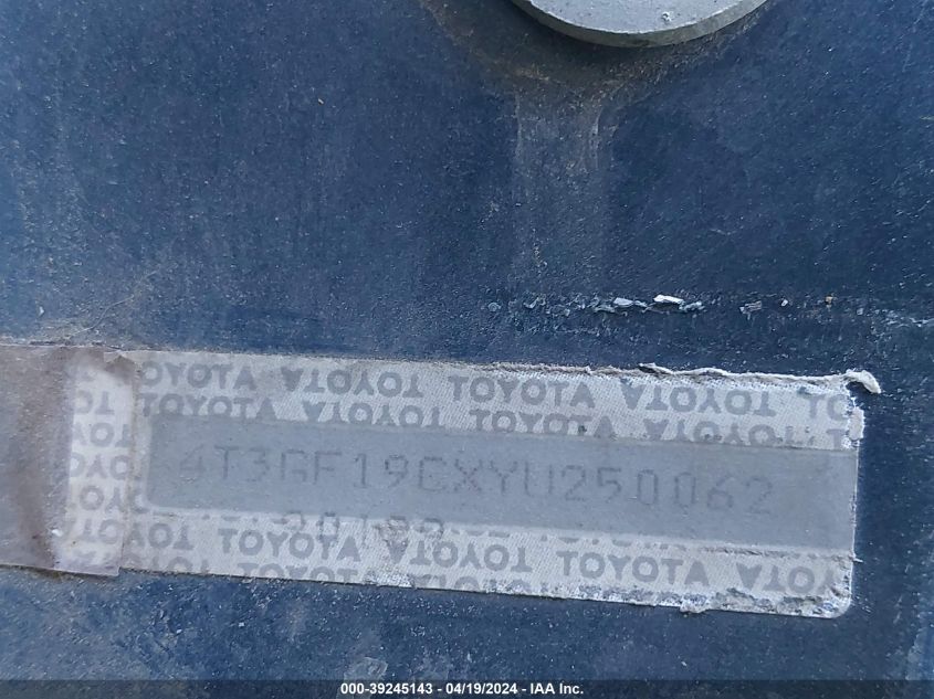 2000 Toyota Sienna Ce VIN: 4T3GF19CXYU250062 Lot: 39245143