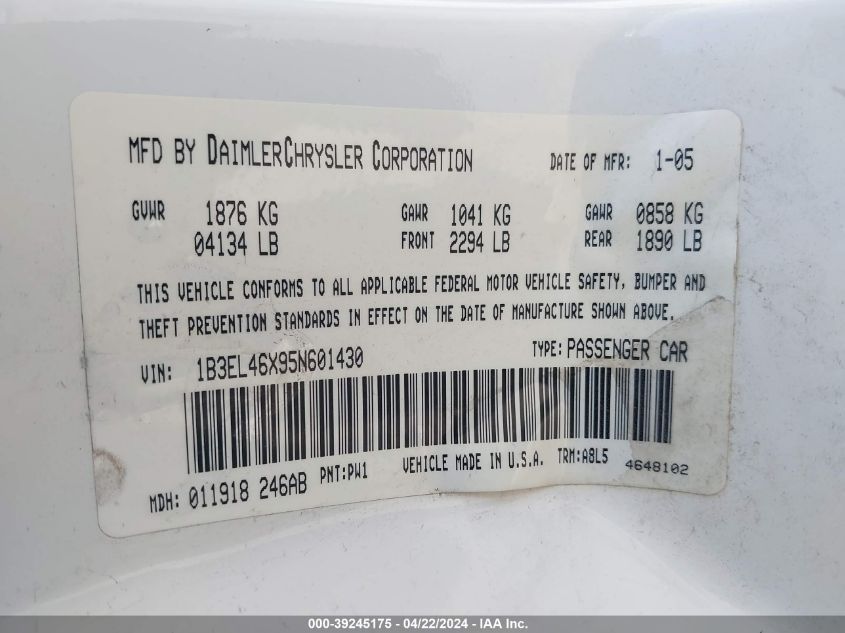 2005 Dodge Stratus Sxt VIN: 1B3EL46X95N601430 Lot: 39245175