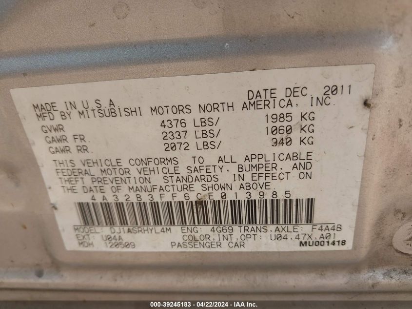 2012 Mitsubishi Galant Es/Se VIN: 04A32B3FF6CE01398 Lot: 39243140