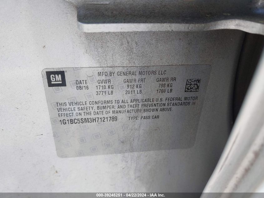 2017 Chevrolet Cruze Ls Auto VIN: 1G1BC5SM3H7121789 Lot: 39245251