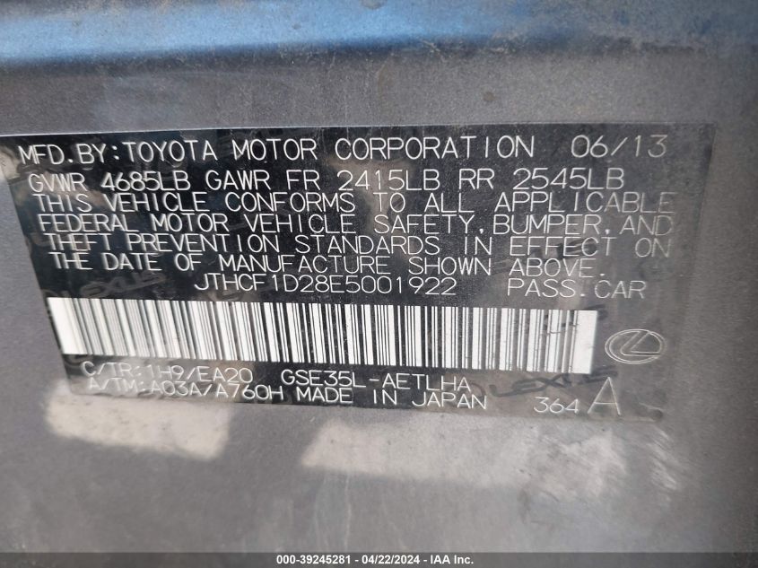 2014 Lexus Is 250 VIN: JTHCF1D28E5001922 Lot: 51426204